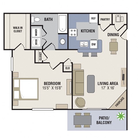 Floor plan for 1 bed, 1 bath, 900 sqft